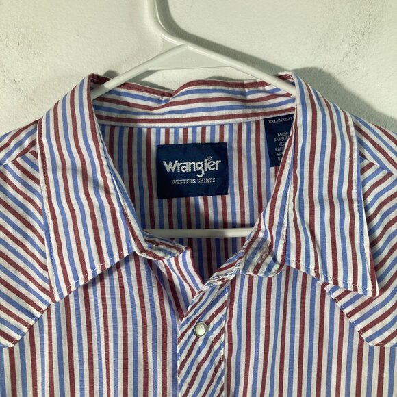 Mens Wrangler Western Pearl Snap Striped Shirt Red White Blue 2XL Cotton Polyest - Picture 5 of 11